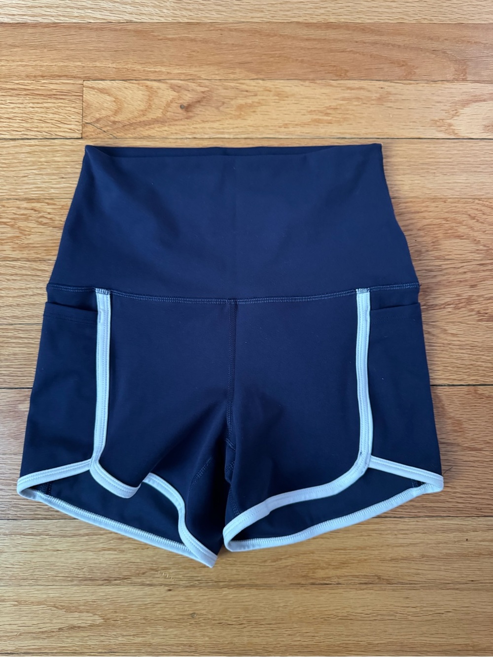 New! Yogaliscious Blue High-Waist Athletic Shorts with White Trim
